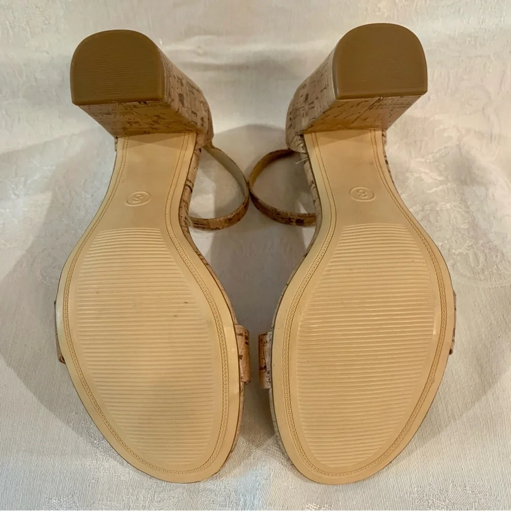Sexy Ankle Strap 3.75” High Block Heel Open Toe Sandals Faux Cork Design Size 8 - Picture 7 of 15